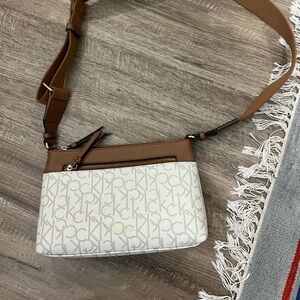 Calvin Klein Monogram Cream and Tan Crossbody Bag